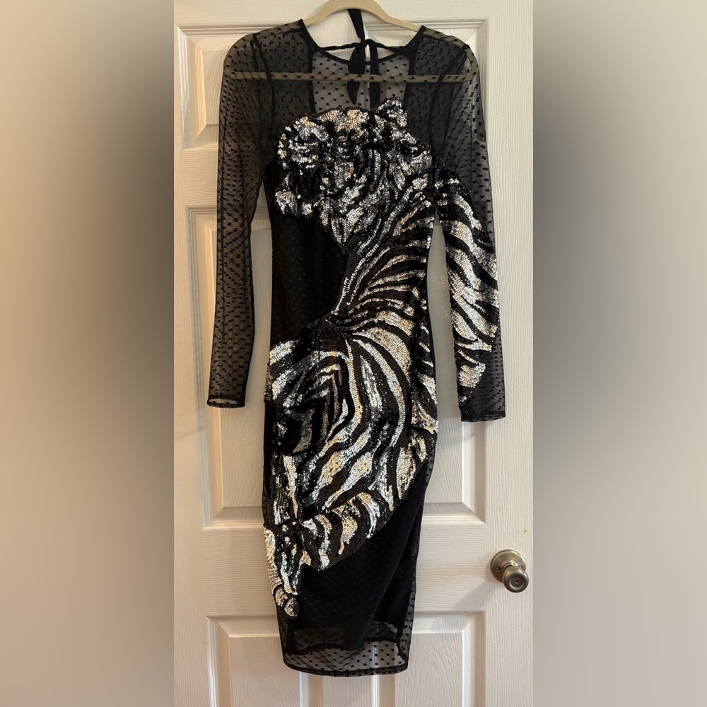 NWT ASOS Sheer Sleeve Long Sleeve Dress with Sequin Tiger